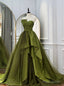 Green Strapless Satin Pleats Prom Dress