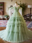 Green Sweetheart Tulle Off Shoulder Layers Long Formal Dress, Green Sweet 16 Dress