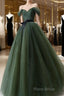 Green Tulle A-Line Off Shoulder Formal Prom Dresses, Green Tull Long Formal Dresses Formal Dresses