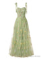 Green Tulle Embroidery Lace Straps Prom Dress