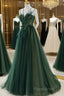 Green Tulle Long A-Line Formal Prom Dresses, Beautiful Spaghetti Straps Formal Dresses
