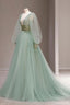 Green Tulle Long Prom Dress with Sequins, Green Long Sleeve Evening Party Dress