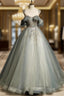 Green Tulle Off Shoulder Ball Gown Beaded Sweet 16 Dresses, Green Tulle Formal Dresses