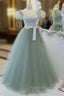 Green Tulle Off Shoulder Long Formal Prom Dresses, Green Tulle Formal Dresses