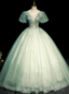 Green Tulle Short Sleeve Sequins Beading Quinceanera Dress