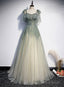 Green Tulle Straps A-line Beaded Long Prom Dress, Green Evening Party Dress