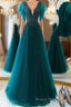 Green v neck tulle beads long Formal Prom dress, green tulle formal dress