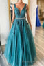 Green v neck tulle lace long Formal Prom dress, green formal dress