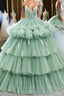 Green v neck tulle long Formal Prom gown, green tulle sweet 16 dress