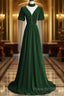 Green Velvet A-Line Short Sleeves Long Party Dresses, Green Long Formal Prom Dresses