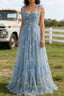 Grey Blue A-Line Spaghetti Straps Tulle Long Prom Dress With Embroidery