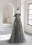 Grey Off Shoulder Tulle with Lace Applique Long Party Dress,Grey Prom Dress