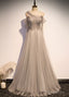 Grey One Shoulder Pearls Tulle Long Evening Dress, Light Grey Party Dress Formal Dress