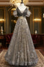 Grey Purple V-Neckline Tulle With Lace Formal Prom Dresses, Off Shoulder A-Line Party Dresses
