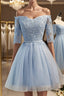 Half Sleeves Short Lace Formal Prom Dresses, Short Lace Homecoming Bridesmaid Dresses