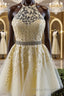 Halter Neck Short Yellow Lace Formal Prom Dressses, Backless Short Yellow Lace Formal Homecoming Dresses