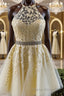 Halter Neck Short Yellow Lace Formal Prom Dressses, Backless Short Yellow Lace Formal Homecoming Dresses