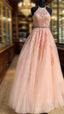 Halter Pink Lace Formal Prom Dresses With Appliques,