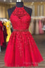 Halter Short Red Homecoming Dresses With Lace Appliques And Beaded Band