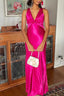 Halter V-Neck Formal Prom Dresses Pleated Satin Sleeveless Long Formal Prom Party Dresses