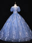 Haze Blue Tulle Sequins Puff Sleeve Quinceanera Dress