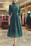 High Neck Half Sleeves Green Lace Formal Prom Dress, Green Lace Formal Graduation Homecoming Dress