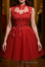High Neck Red Lace Short Formal Prom Dress, Red Lace Homecoming Dress, Red Formal Graduation Evening Dress