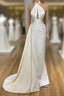 High Neck Satin Ivory Keyhole Ruched Formal Prom Dresses