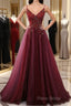 High Quality Burgundy Straps Beaded Long Party Dresses, Long Junior Formal Prom Dresses