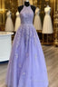 Hot Halter Purple Formal Prom Dresses Lace Long Graduation Formal Dresses