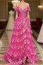 Hot Pink Lace Off Shoulder Tiered Formal Prom Dresses With Slit