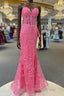 Hot Pink Mermaid Lace Formal Prom Dresses, Hot Pink Mermaid Lace Formal Evening Dresses