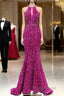 Hot Pink Sequins Long Formal Prom Dresses, Mermaid Backless Evening Dresses