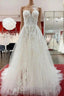 Ivory Tulle Lace Wedding Dresses A-Line Sweetheart Bridal Dresses With Sweep Train Off Shoulder