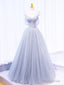 Gray Spaghetti Strap Tulle Long Prom Dress, Gray A-Line Evening Party Dress
