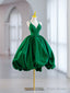 Green V-Neck Satin Short Prom Dress, A-Line Green Evening Dress
