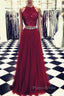 Lace Crop Top Tulle Formal Prom Dresses Two Piece Evening Gowns Beaded Sashes
