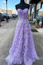 Lavender Glitter Tulle Corset Ruffle Tiered Long Prom Dress with Slit