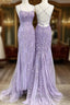 Lavender Lace Corset Formal Prom Dresses Mermaid Scoop Evening Dresses With Beading