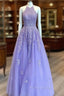 Lavender Formal Prom Dresses, Princess Halter Long/Floor-Length Lace Tulle Formal Prom Dresses With Appliqued Beading