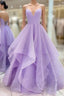 Lavender Tulle Long A-Line Formal Prom Dresses, Lavender Beautiful Spaghetti Strap Formal Dresses