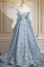 Light Blue A-Line Lace And Tulle Long Party Dresses, Blue Round Neckline Formal Prom Dresses