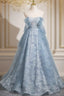 Light Blue A-Line Lace And Tulle Long Party Dresses, Blue Round Neckline Formal Prom Dresses