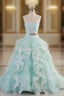 Light Blue A-Line Strapless Tulle Lace Long Formal Prom Dresses Vintage Wedding Dresses