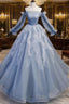 Light Blue Ball Gown Long Sleeves Beaded Party Dresses, Light Blue Formal Prom Dresses