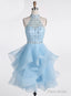 Light Blue Beaded Layers Knee Length Party Dress, Blue Homecoming Dress Short Prom Dress