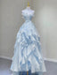 Light Blue Fashion Fairy Low Back Long Party Dresses, Light Blue Formal Prom Dresses