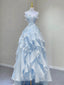 Light Blue Fashion Fairy Low Back Long Party Dresses, Light Blue Formal Prom Dresses