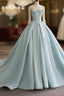 Light Blue Satin Long Ball Gown Quinceanera Dresses Princess Dresses Formal Prom Dresses