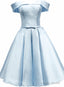 Light Blue Satin Off Shoulder Knee Length Homeoming Dress, Blue Short Prom Dress